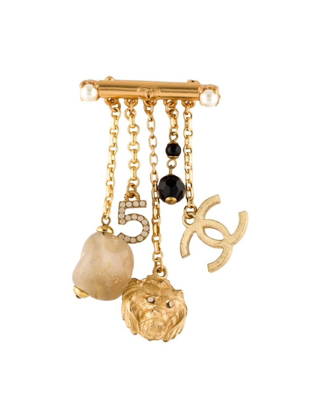 01A Chanel brooch pin bar XL charms lion 5 stones chains gold